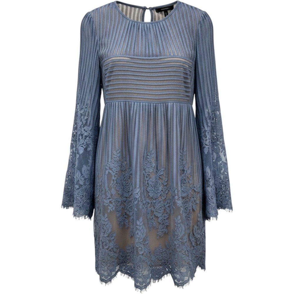 BCBGMAXAZRIA Blue Lace Mesh Pleated Bell Sleeve Mini Dress Small Boho Fairy